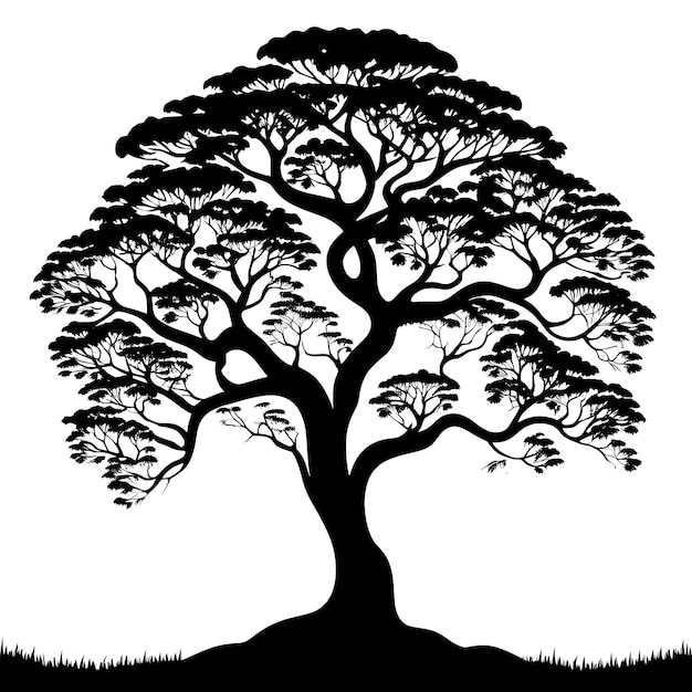 Vector silueta de un majestuoso árbol con raíces de estilo artístico vectorial que se aferran firmemente a la tierra altísima