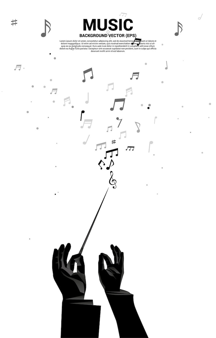 Vector silueta de la mano del conductor asimiento de la batuta con nota musical voladora. antecedentes del concepto de recreación y concierto de orquesta.