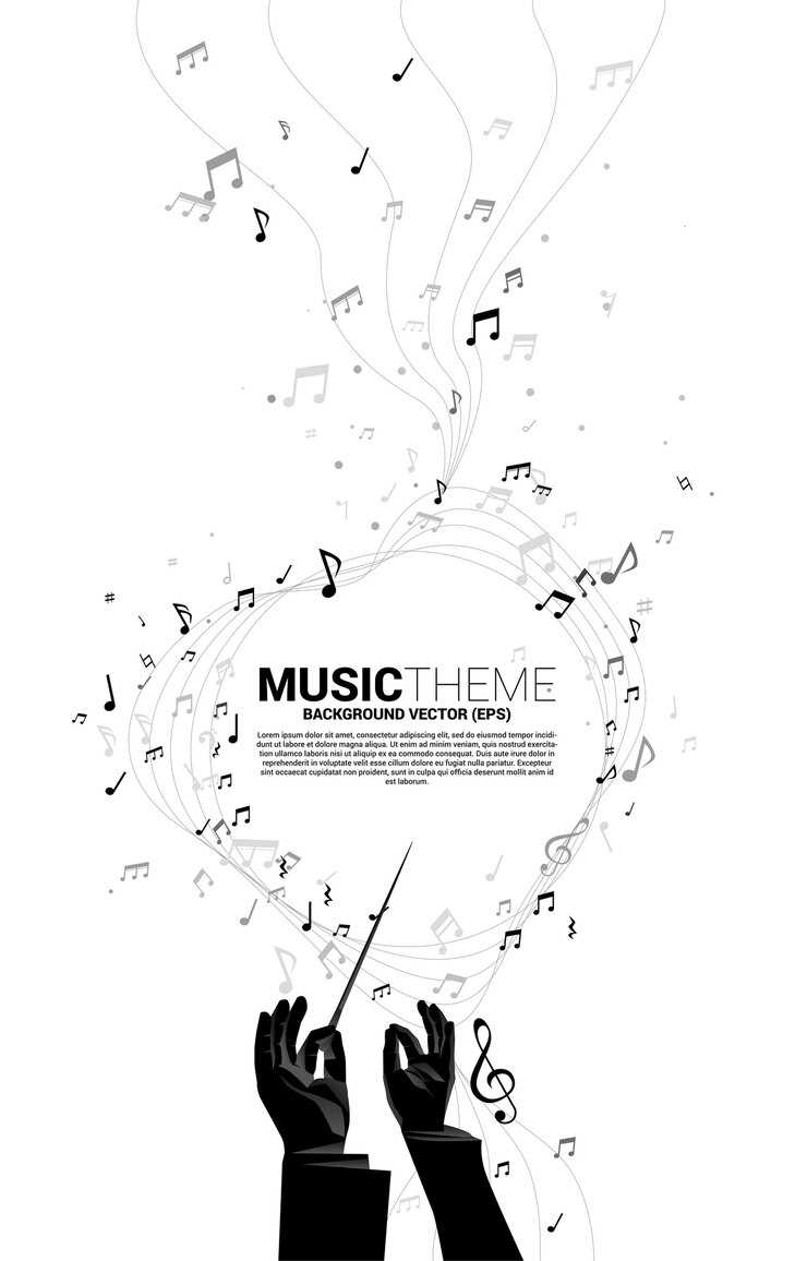 Vector silueta de la mano del conductor con flujo de baile de nota de melodía de música. antecedentes del concepto de recreación y conciertos de música clásica.