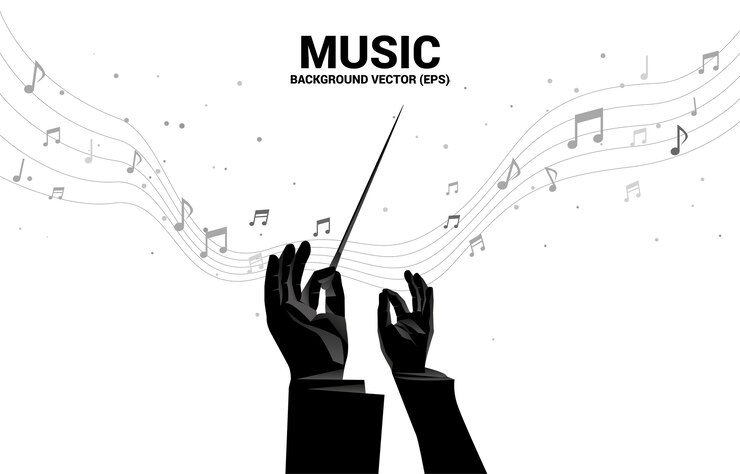 Vector silueta de la mano del conductor con flujo de baile de nota de melodía de música. antecedentes del concepto de recreación y conciertos de música clásica.