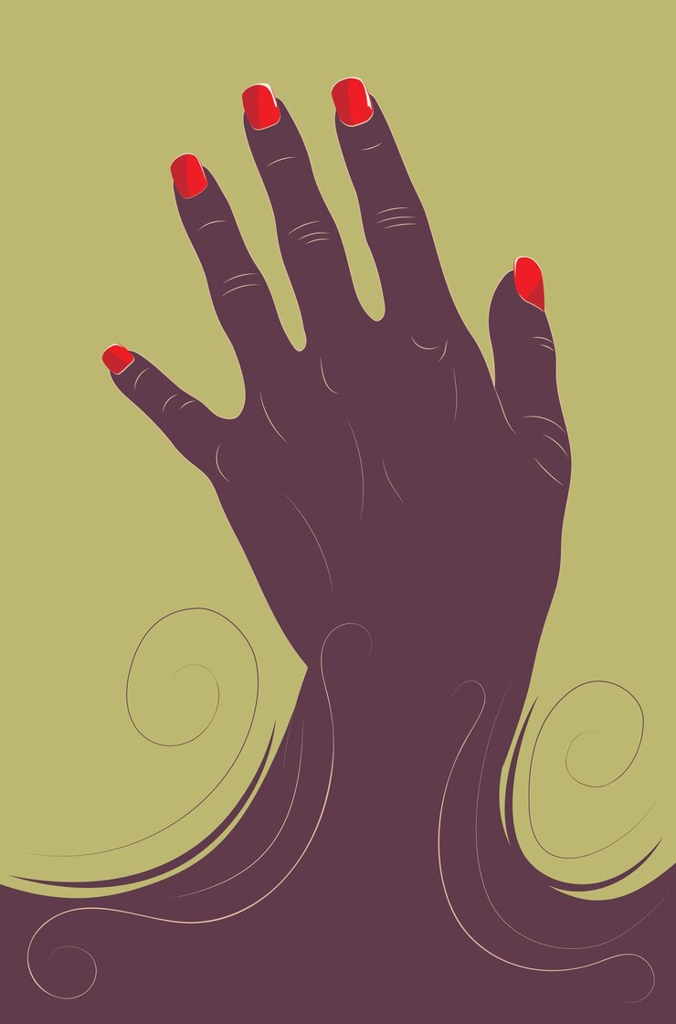 Vector silueta de mano con uñas rojas y remolinos.