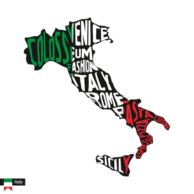 Vector silueta de mapa tipográfico de italia en negro y colores de bandera. ilustración vectorial.