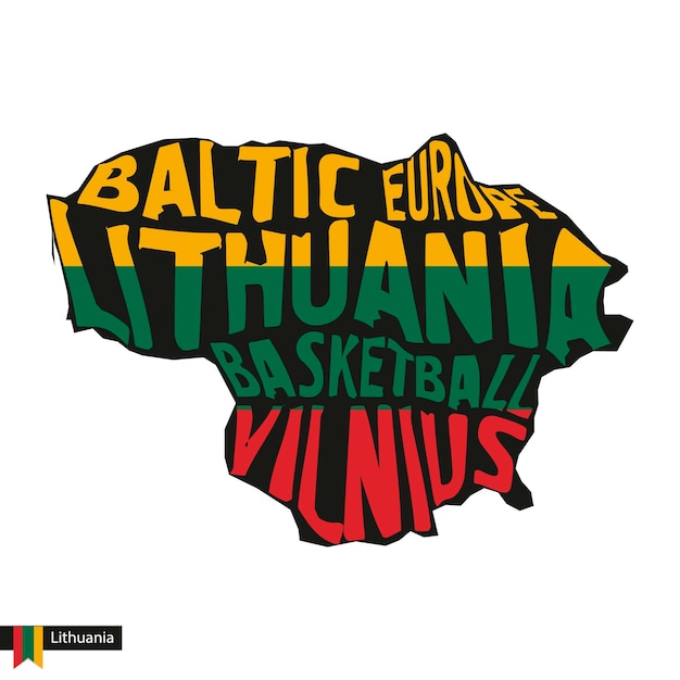 Vector silueta de mapa tipográfico de lituania en negro y colores de bandera. ilustración vectorial.