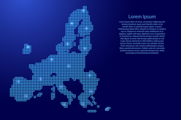 Silueta de mapa de la unión europea de cuadrados de estructura de mosaico azul y estrellas brillantes. ilustración vectorial.