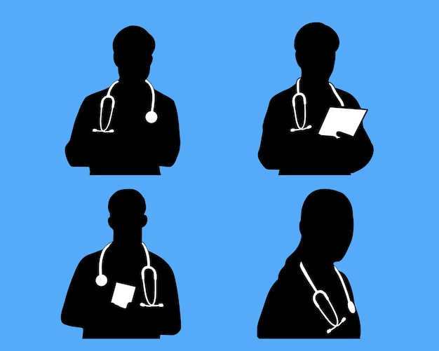 silueta de médico y enfermera con estetoscopio