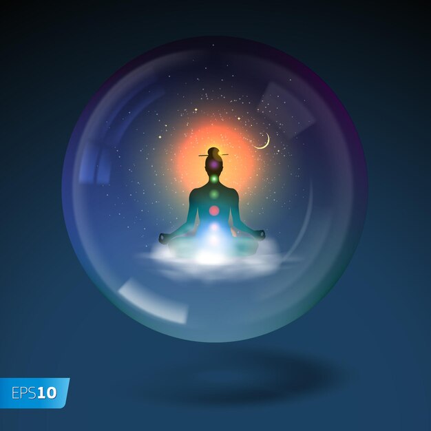 Silueta meditando sentado en posición de loto en la ilustración de vector de esfera