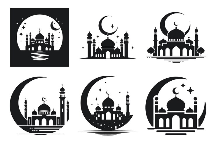 Silueta de la mezquita islámica con elementos de diseño de la luna y las estrellas