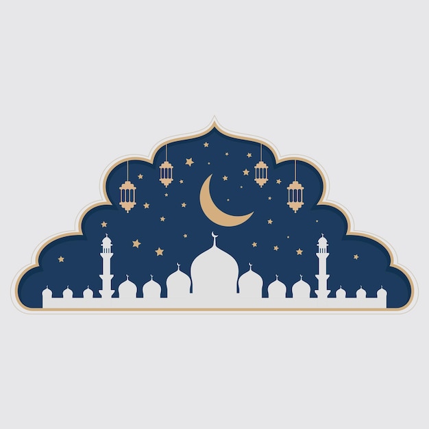 Silueta de la mezquita islámica con luna creciente y linternas para el Ramadán