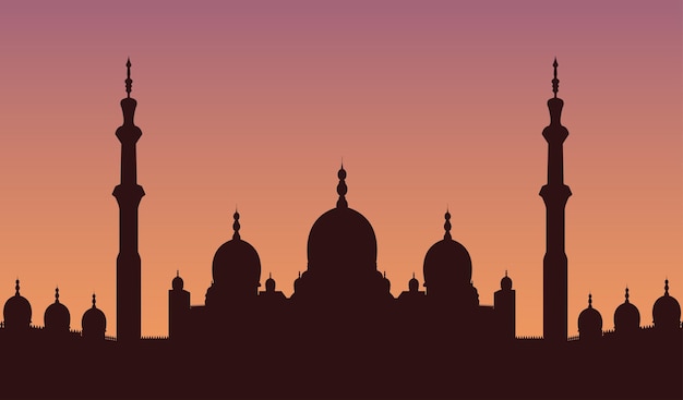 silueta de la mezquita. Silueta de arquitectura árabe, panorama de paisaje urbano islámico y horizonte de minarete si