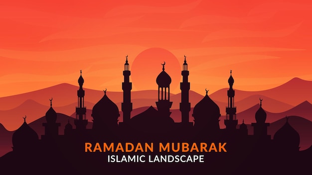 silueta de mezquita en el vector de paisaje islámico al atardecer Ramadán mubarak