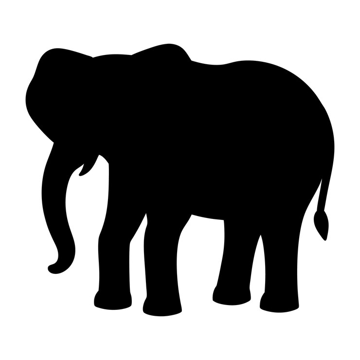 Silueta mínima de elefante cuerpo completo colmillos tronco hacia la derecha líneas limpias aisladas