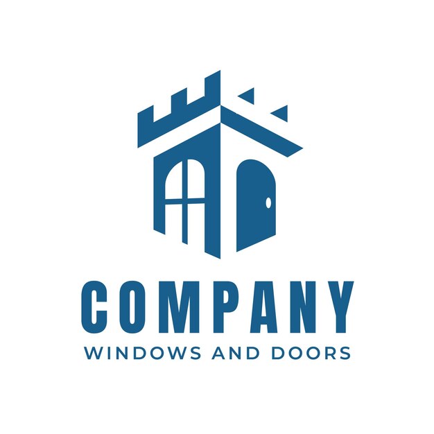 Silueta mínima de las ventanas y puertas de la fortaleza del castillo logotipo azul moderno