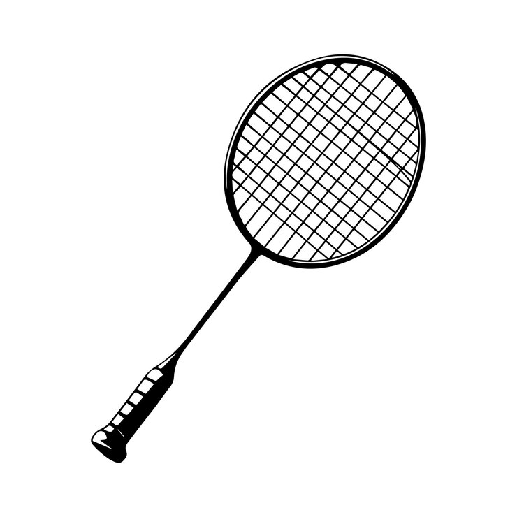 Silueta minimalista en blanco y negro de una raqueta de bádminton perfecta para deportes y fitness