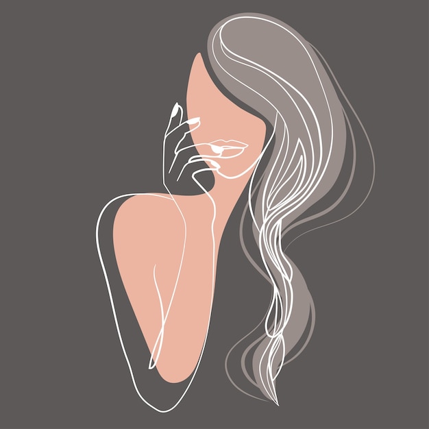 Silueta minimalista de cara de mujer con cabello largo y mano cerca de los labios Vector de línea continua.