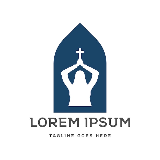 Silueta de una monja católica cristiana sosteniendo la cruz de Jesús en la capilla de la iglesia para el diseño del logotipo de la religión