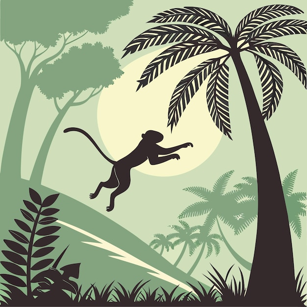 La silueta de un mono saltando entre las palmeras de la selva