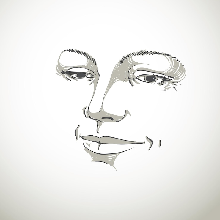 Vector silueta monocromática dibujada a mano de cara de mujer, rasgos delicados. expresión de la cara en la cara de la dama, ilustración vectorial.