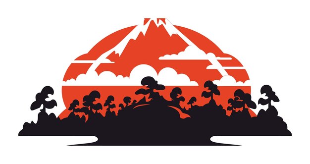 Vector silueta de montaña con puesta de sol roja cielo árboles en primer plano naturaleza aventura viaje temático vector