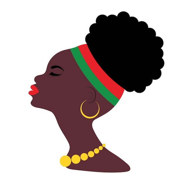 silueta, de, mujer africana, en perfil, con, aretes, y, cuentas, tradicional, turbante, peinado