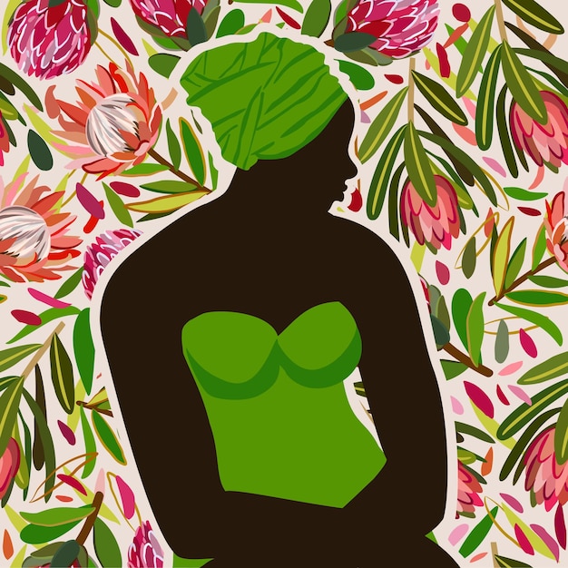 silueta, de, mujer africana, en, verde, turbante, y, vestido, en, exótico, floral, plano de fondo