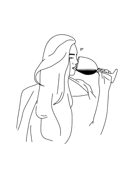Silueta de mujer de arte de línea dibujada a mano con copa de vino Cartel de amante de vino femenino de contorno