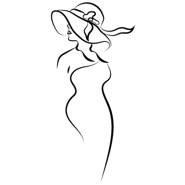 Silueta de mujer contorno vectorial negro Mujer con sombrero líneas negras Chica con sombrero vector verano