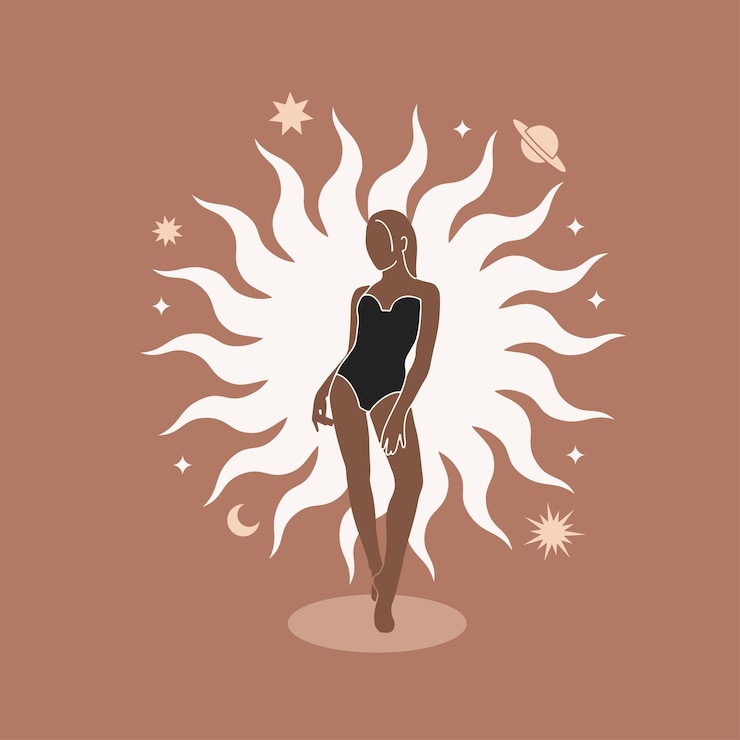 Vector silueta de una mujer contra el gran sol con plantas alrededor de la ilustración de estilo boho