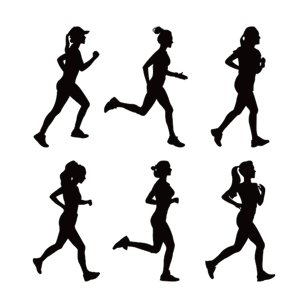 Vector silueta de mujer corriendo conjunto de ilustraciones vectoriales de velocistas femeninas