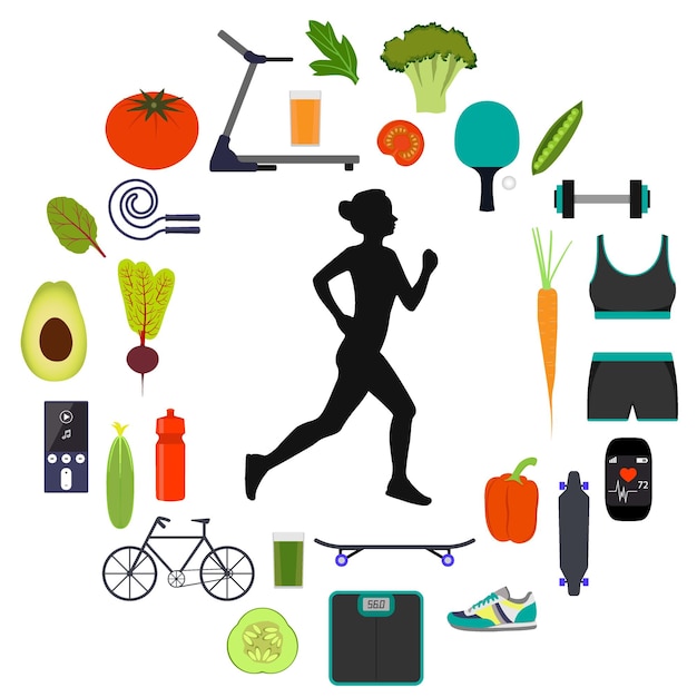 Vector silueta de una mujer corriendo rodeada de íconos de alimentos saludables, vegetales y equipo deportivo