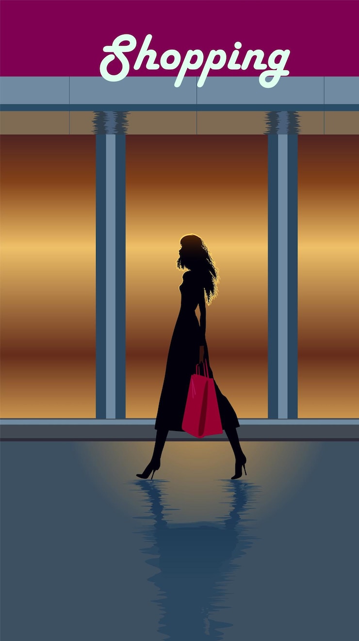 Vector silueta de mujer elegante con bolsa de compras retroiluminada contra el fondo del centro comercial