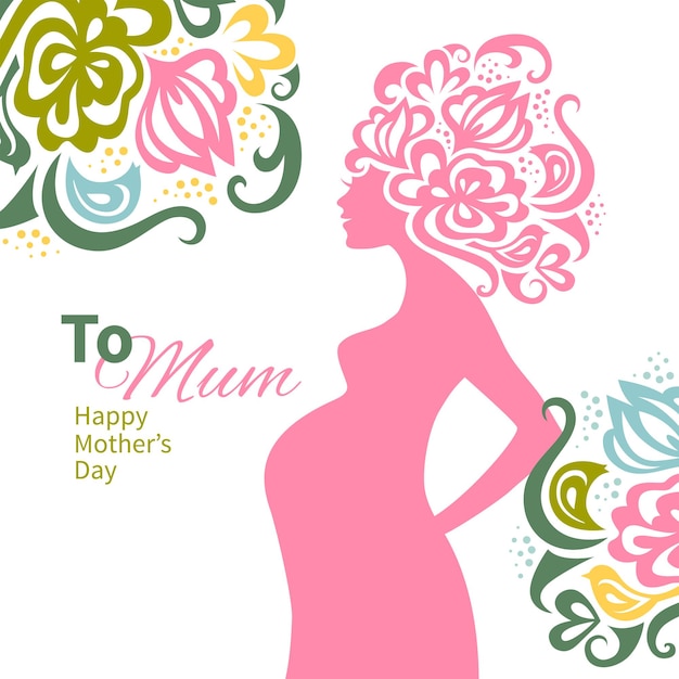 Vector silueta de mujer embarazada con fondo floral. tarjeta de feliz día de la madre