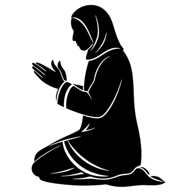Silueta de una mujer musulmana en la oración postura de adoración islámica