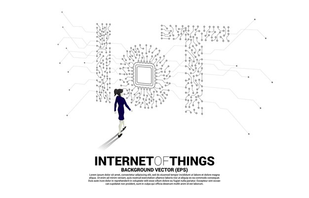 Vector silueta de mujer de negocios caminando con procesador de cpu en el centro de la redacción de iot del concepto de estilo gráfico de punto y línea de circuito para internet de la tecnología de las cosas