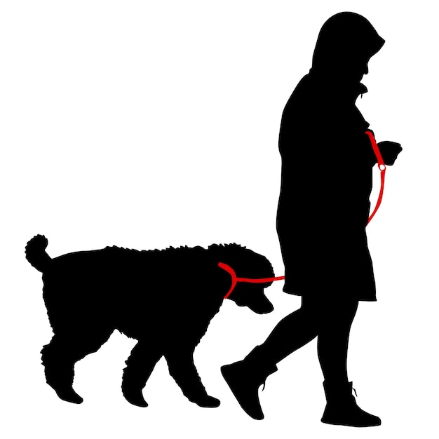 Vector silueta, de, mujer, y, perro, en, un, fondo blanco