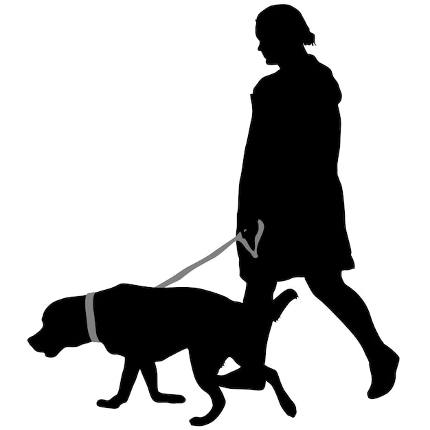 Vector silueta, de, mujer, y, perro, en, un, fondo blanco