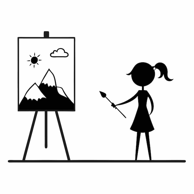 una silueta de una mujer y una pintura con montañas en el fondo
