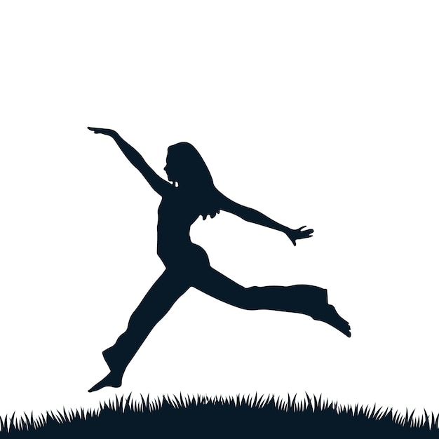 Vector silueta de una mujer saltando en la hierba con