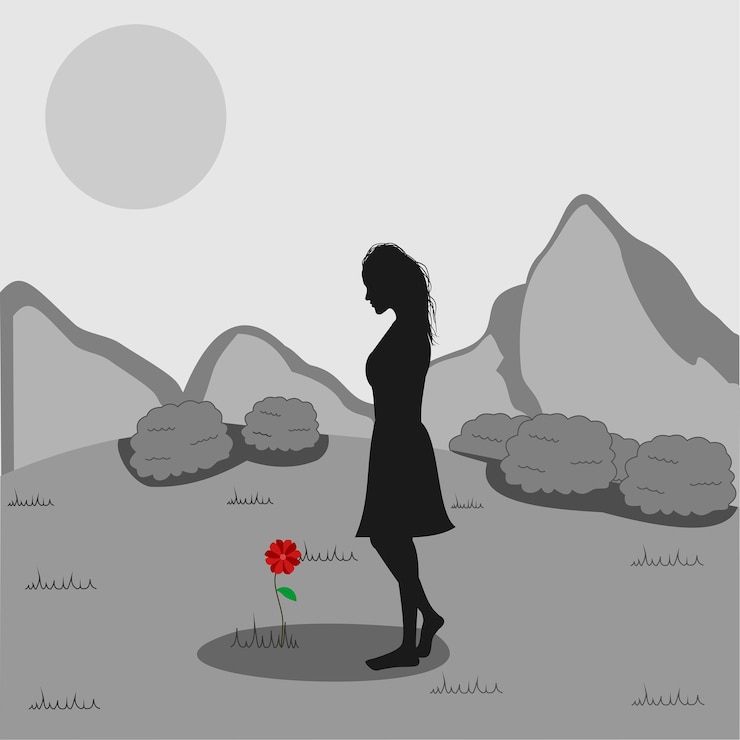 Vector silueta de mujer solitaria con flor roja en vector.