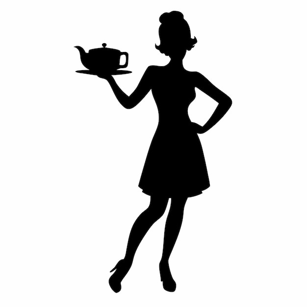una silueta de una mujer sosteniendo una tetera y una tetera
