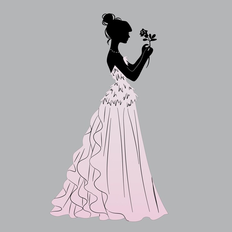 silueta, de, un, mujer, en, un, vestido, con, un, flor, en, ella, mano