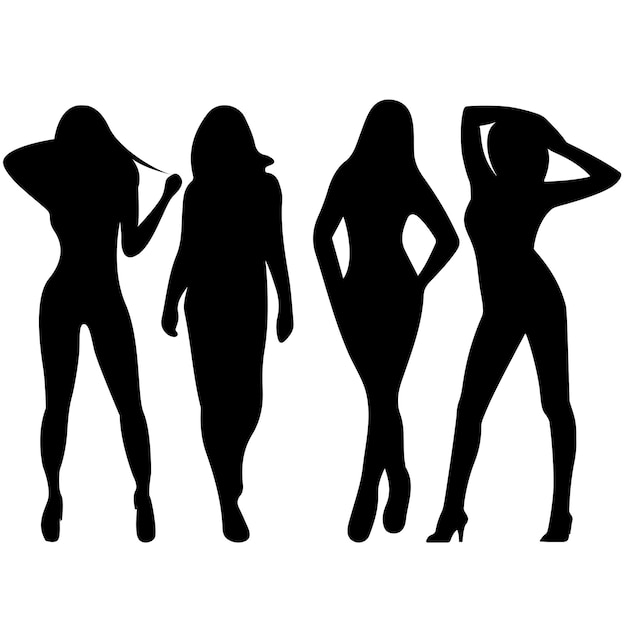 Silueta, de, mujeres, con, cuatro, poses.vector, ilustración