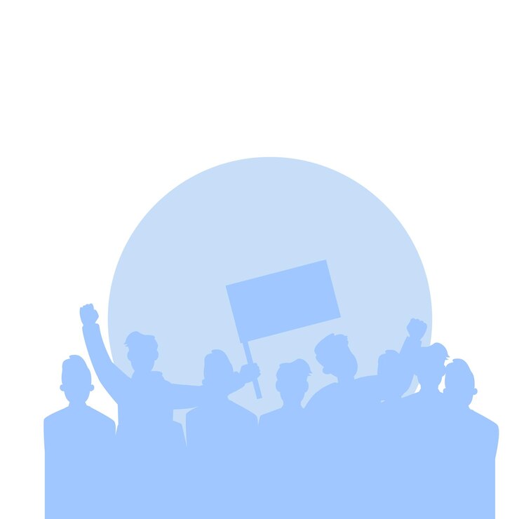 Vector silueta de la multitud de manifestaciones con puños y pancartas que simbolizan la protesta o la celebración