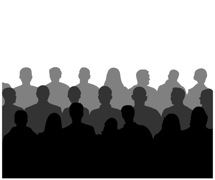 Vector silueta de una multitud de personas en el auditorio. ilustración de stock.