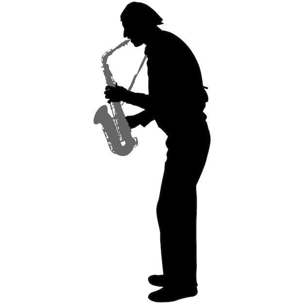 Silueta de músico tocando el saxofón sobre un fondo blanco.