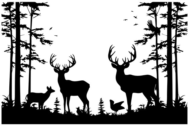 Silueta negra de animales silvestres silvestres ciervos y abetos forestales