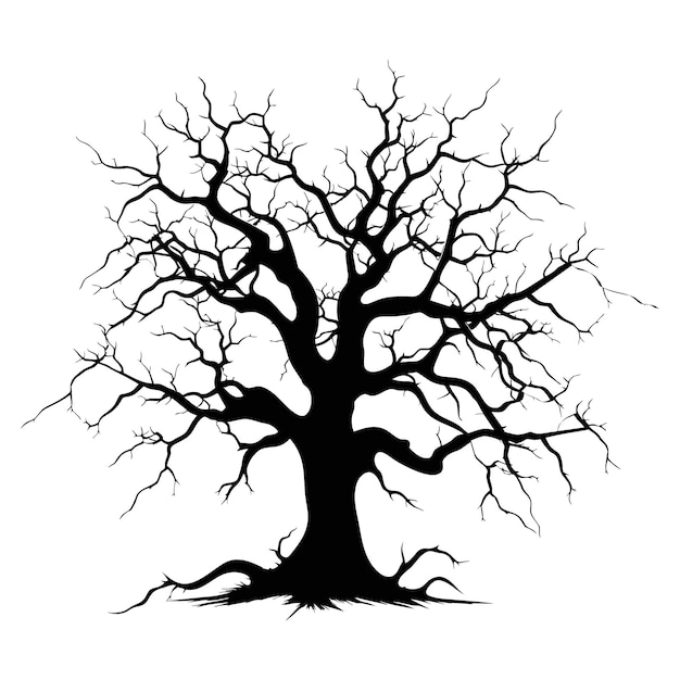 Silueta negra de un árbol seco retorcido sobre un fondo blanco Un árbol sin hojas Brujería sin vida árbol sombrío Cementerio de Halloween madera flotante Druidas duende y brujas Ilustración vectorial