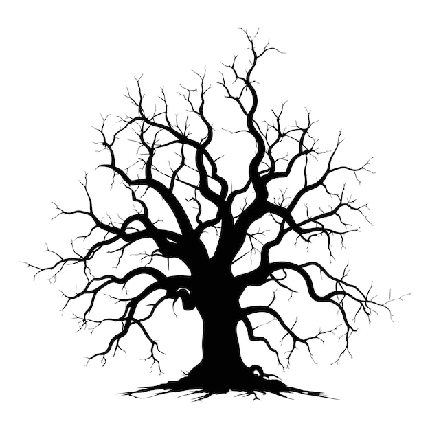 Silueta negra de un árbol seco retorcido sobre un fondo blanco Un árbol sin hojas Brujería sin vida árbol sombrío Cementerio de Halloween madera flotante Druidas duende y brujas Ilustración vectorial