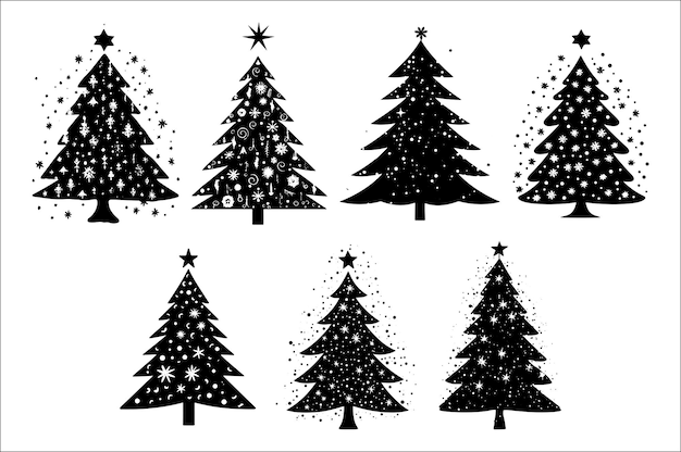 Una silueta negra y blanca de árboles de Navidad con una decoración