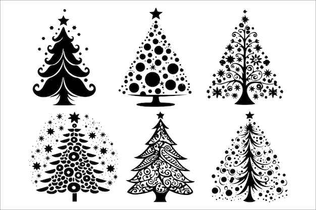 Una silueta negra y blanca de árboles de Navidad con una decoración