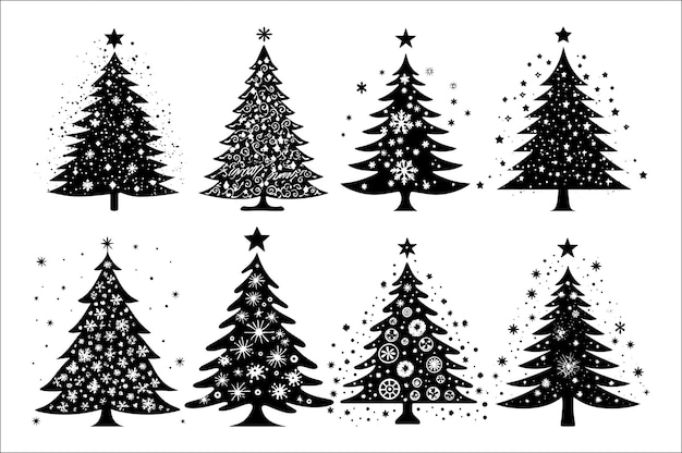 Una silueta negra y blanca de árboles de Navidad con una decoración